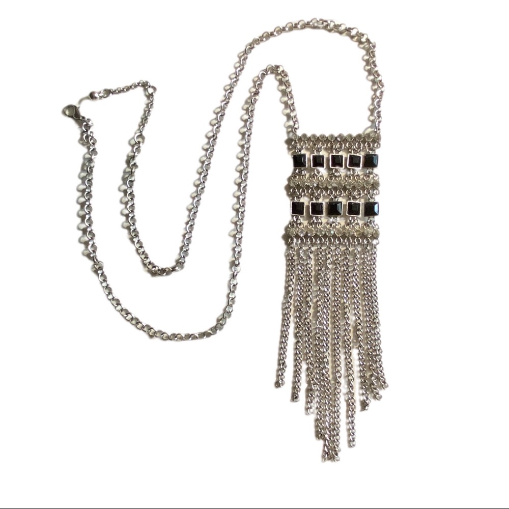 Silver Tone Black Stone Clear Rhinestone Long Bib Fringe Statement Necklace
